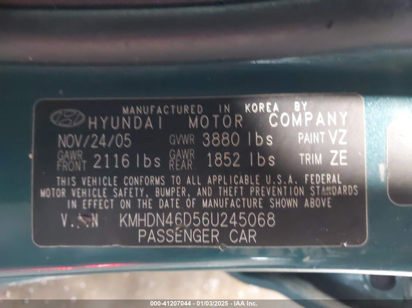 2006 HYUNDAI ELANTRA VIN: KMHDN46D56U245068