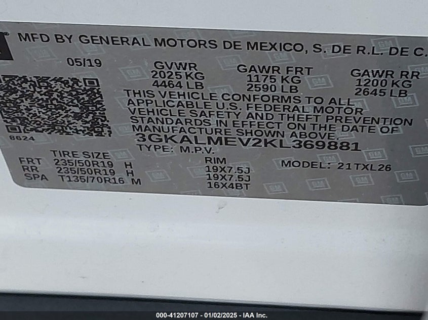 VIN 3GKALMEV2KL369881 2019 GMC TERRAIN SLE