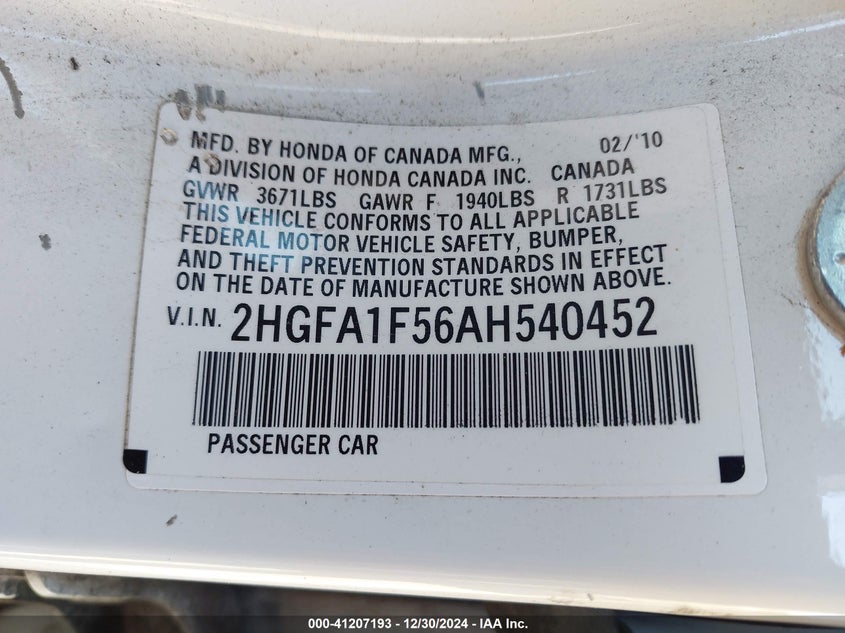 2010 HONDA CIVIC VIN: 2HGFA1F56AH540452