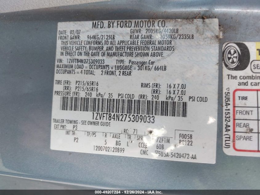 2007 Ford Mustang V6 Deluxe/V6 Premium VIN: 1ZVFT84N275309033 Lot: 41207224