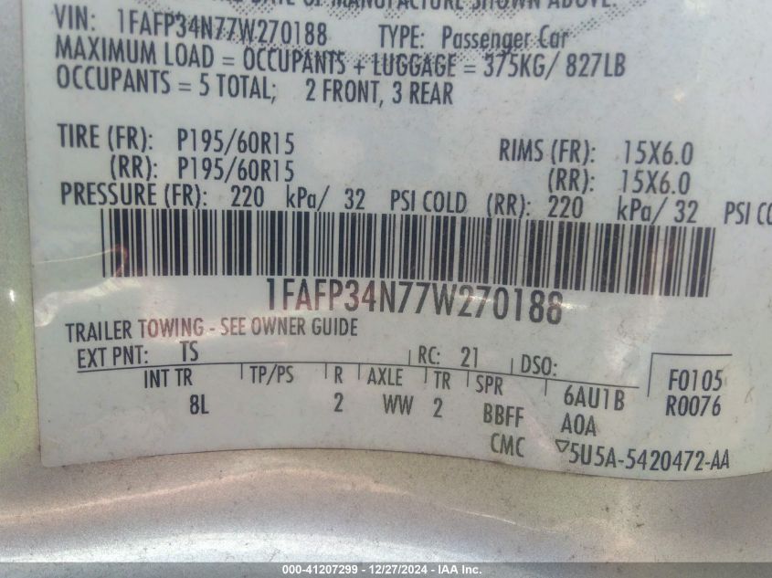 2007 Ford Focus S/Se/Ses VIN: 1FAFP34N77W270188 Lot: 41207299