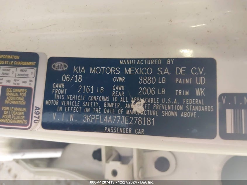 2018 KIA FORTE VIN: 3KPFL4A77JE278181