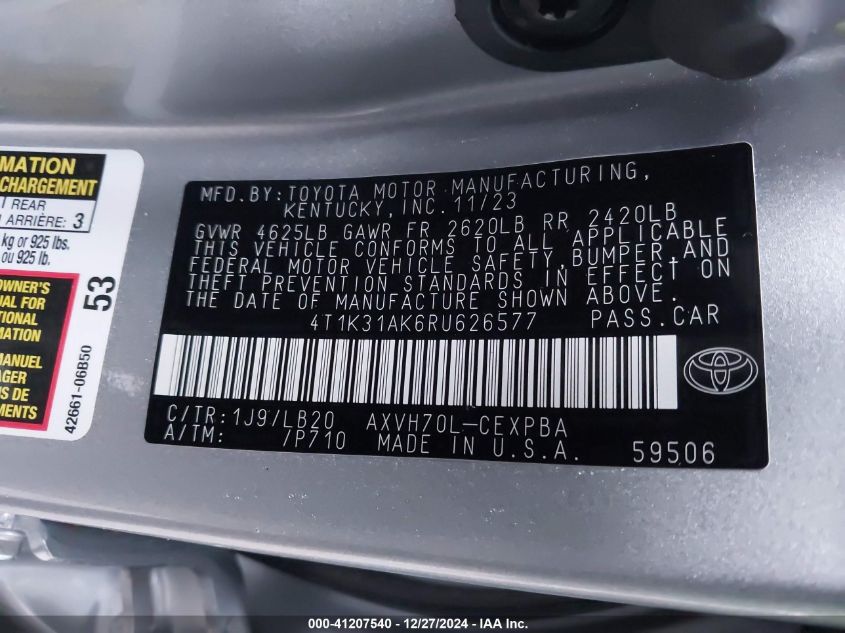 VIN 4T1K31AK6RU626577 2024 TOYOTA CAMRY HYBRID no.9