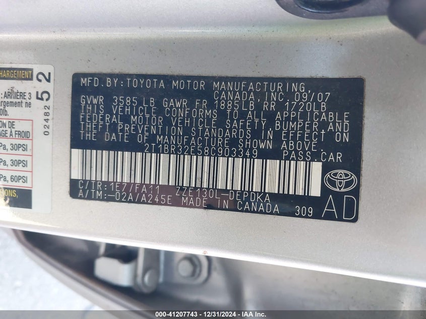2008 TOYOTA COROLLA VIN: 2T1BR32E58C903349