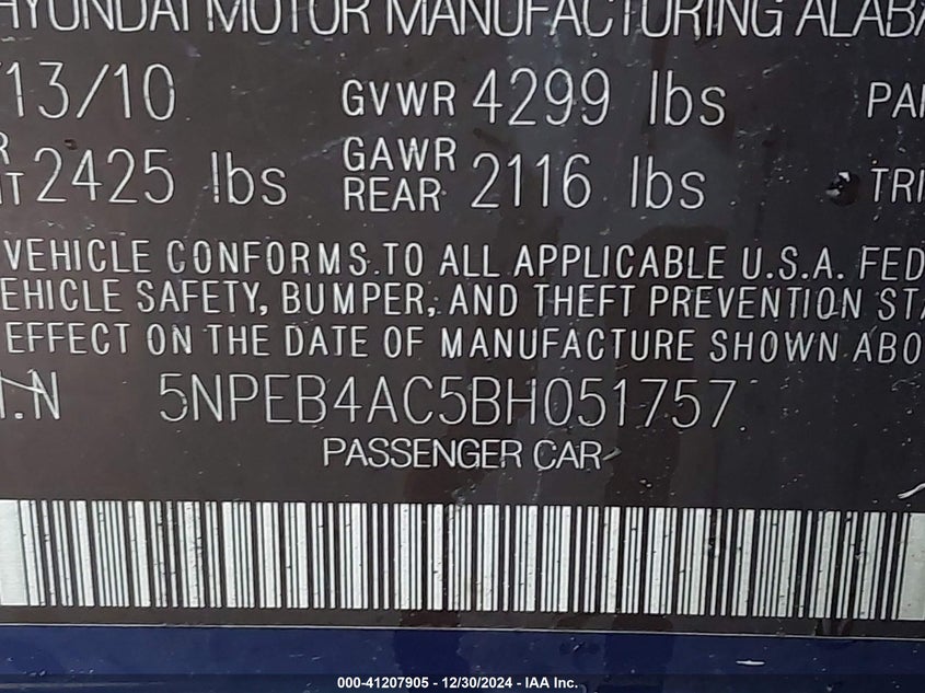 2011 HYUNDAI SONATA VIN: 5NPEB4AC5BH051757