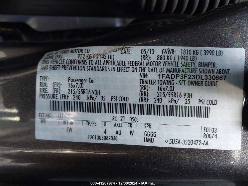 VIN 1FADP3F23DL330667 2013 Ford Focus, SE no.9