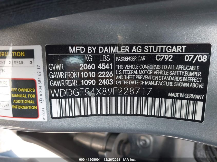 2009 Mercedes-Benz C 300 Luxury/Sport VIN: WDDGF54X89F228717 Lot: 41208001