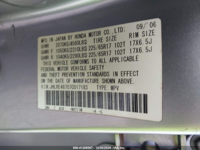 2007 Honda Cr-V Ex-L VIN: JHLRE48707C017183 Lot: 41208087