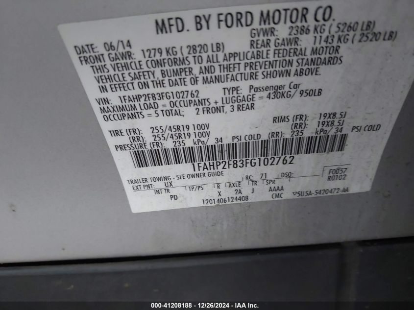 VIN 1FAHP2F83FG102762 2015 FORD TAURUS no.9