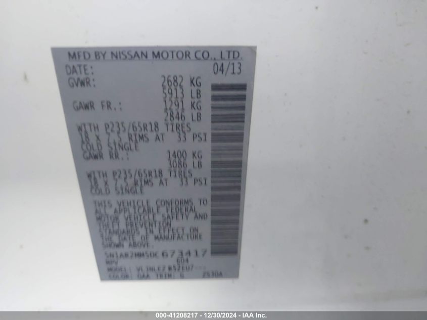 VIN 5N1AR2MM5DC673417 2013 Nissan Pathfinder, SV no.9