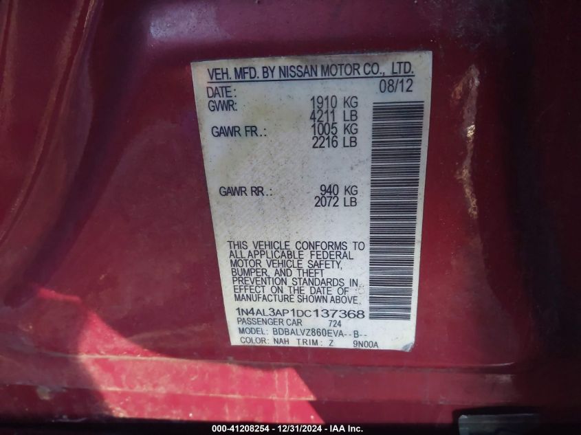 VIN 1N4AL3AP1DC137368 2013 Nissan Altima, 2.5/S/Sv/Sl no.9