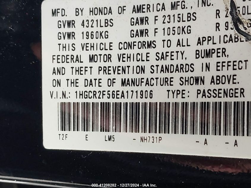 VIN 1HGCR2F56EA171906 2014 HONDA ACCORD no.9