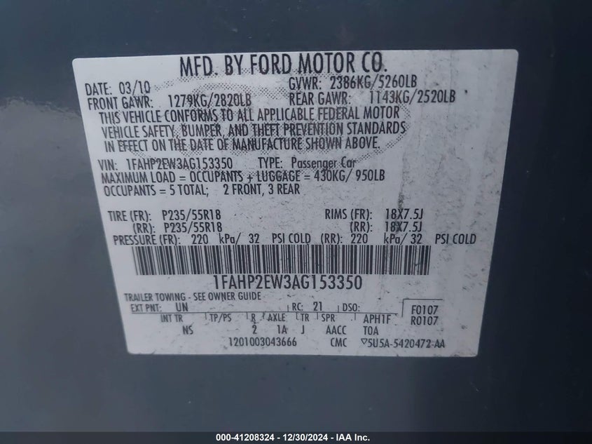 2010 FORD TAURUS VIN: 1FAHP2EW3AG153350