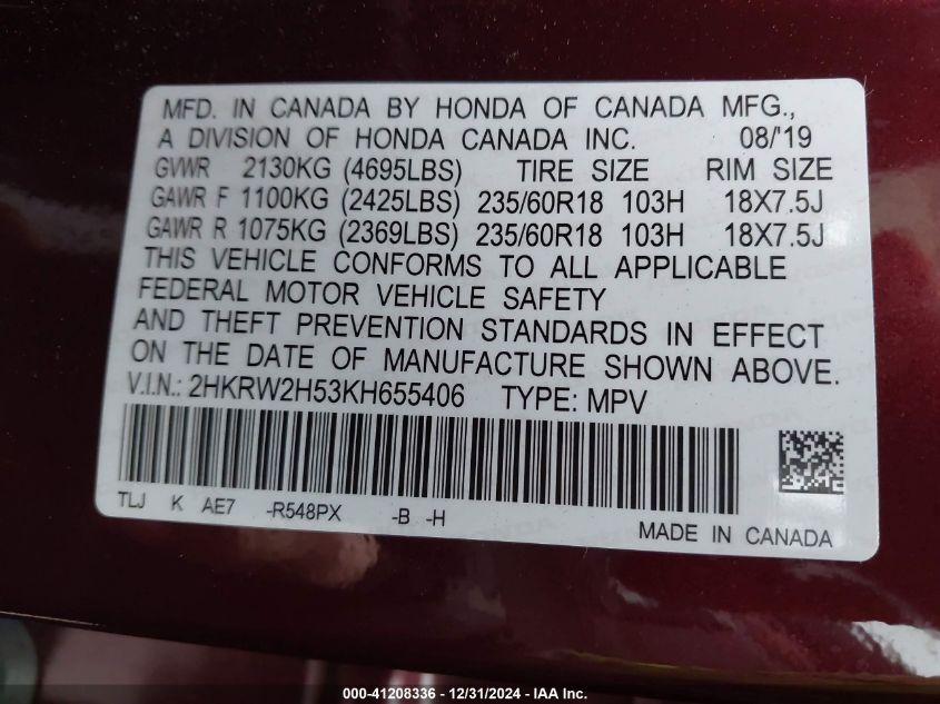 VIN 2HKRW2H53KH655406 2019 HONDA CR-V no.9