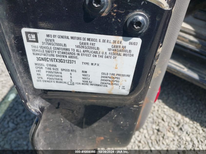 2003 Chevrolet Suburban 1500 Ls VIN: 3GNEC16TX3G312371 Lot: 41208355