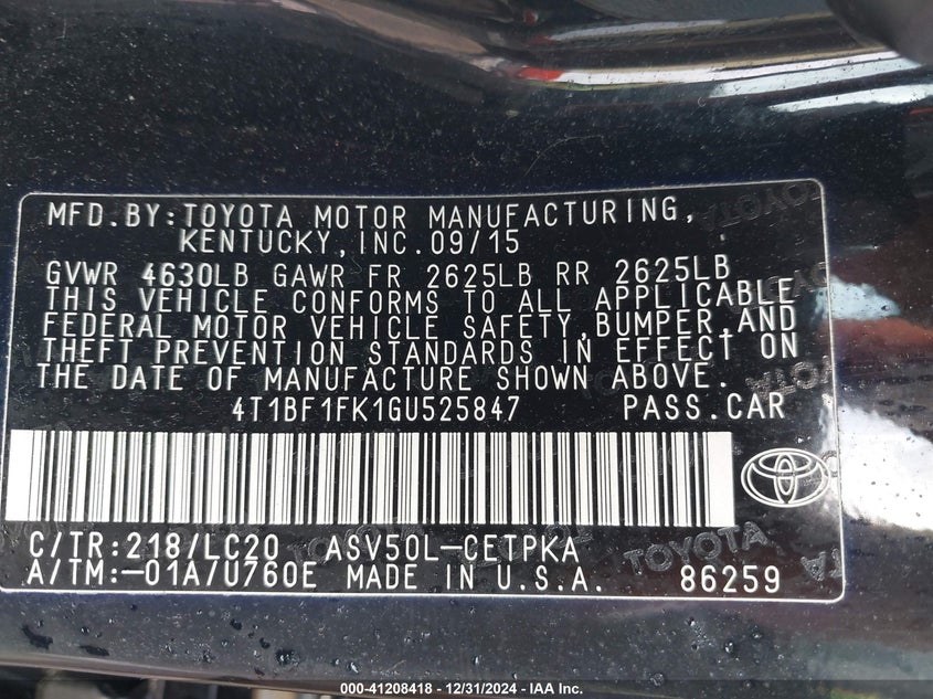2016 TOYOTA CAMRY VIN: 4T1BF1FK1GU525847