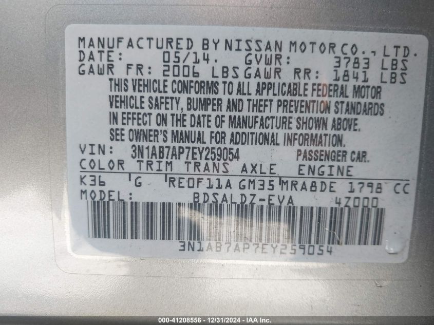 VIN 3N1AB7AP7EY259054 2014 Nissan Sentra, SV no.9