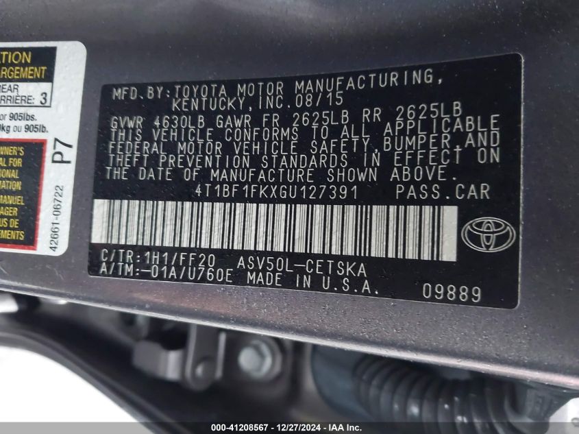 VIN 4T1BF1FKXGU127391 2016 Toyota Camry, SE no.9