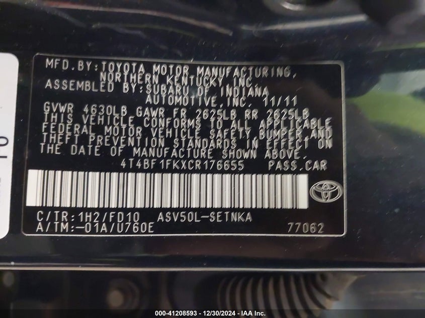 2012 TOYOTA CAMRY VIN: 4T4BF1FKXCR176655