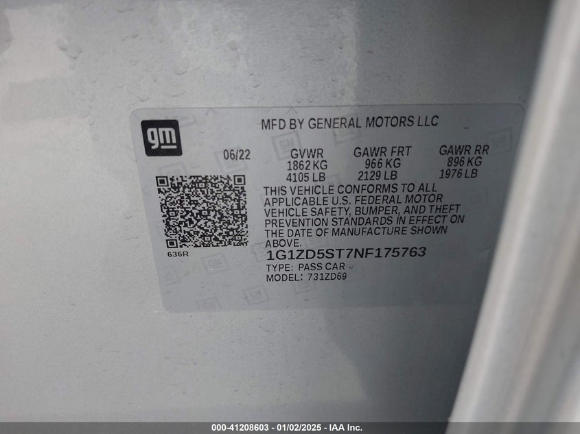 2022 CHEVROLET MALIBU VIN: 1G1ZD5ST7NF175763