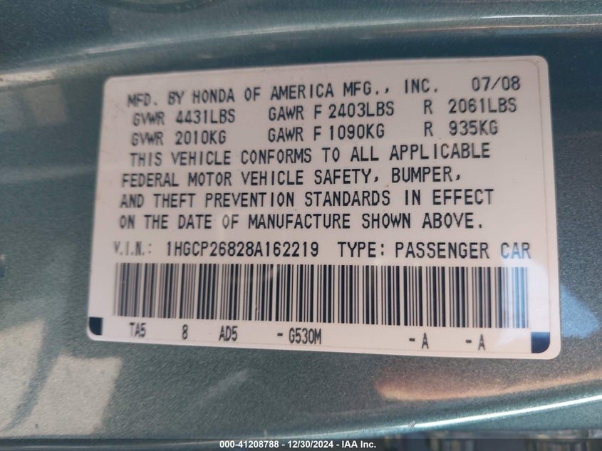 2008 HONDA ACCORD VIN: 1HGCP26828A162219