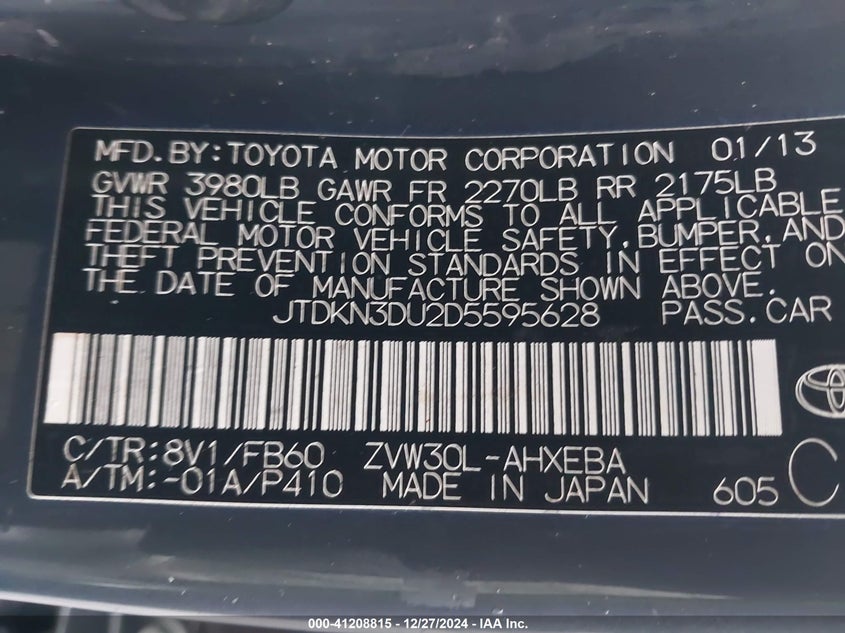 2013 TOYOTA PRIUS VIN: JTDKN3DU2D5595628
