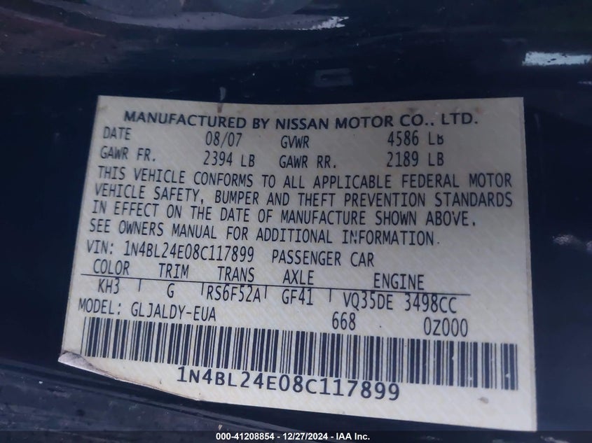 2008 NISSAN ALTIMA VIN: 1N4BL24E08C117899