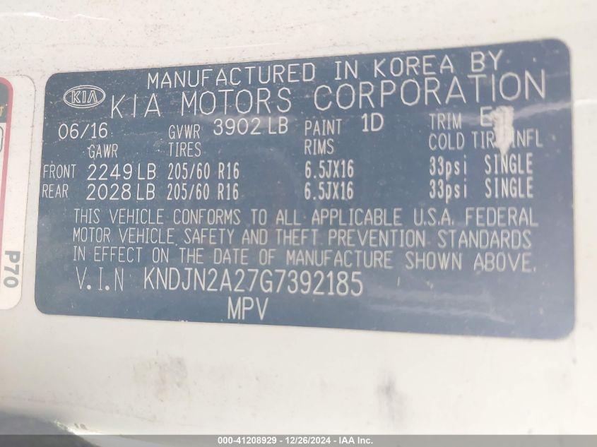 VIN KNDJN2A27G7392185 2016 KIA SOUL no.9