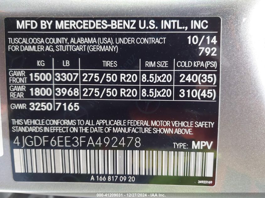 VIN 4JGDF6EE3FA492478 2015 Mercedes-Benz GL-Class,... no.9