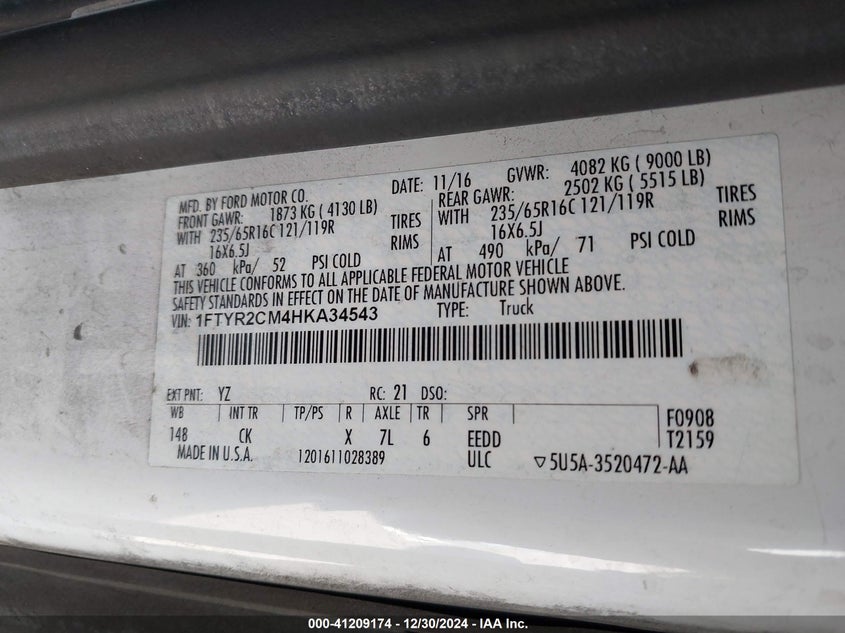 2017 FORD TRANSIT T-250 - 1FTYR2CM4HKA34543