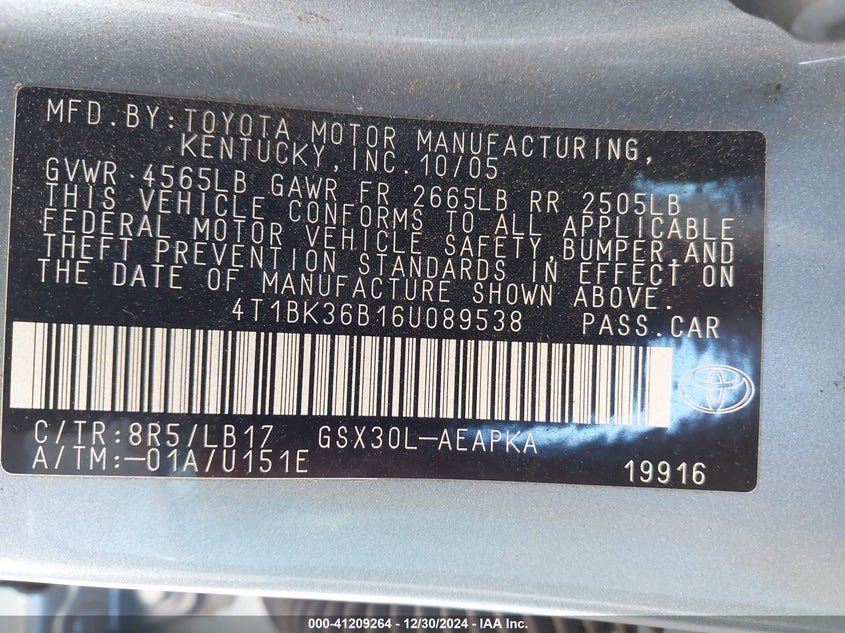 2006 TOYOTA AVALON VIN: 4T1BK36B16U089538