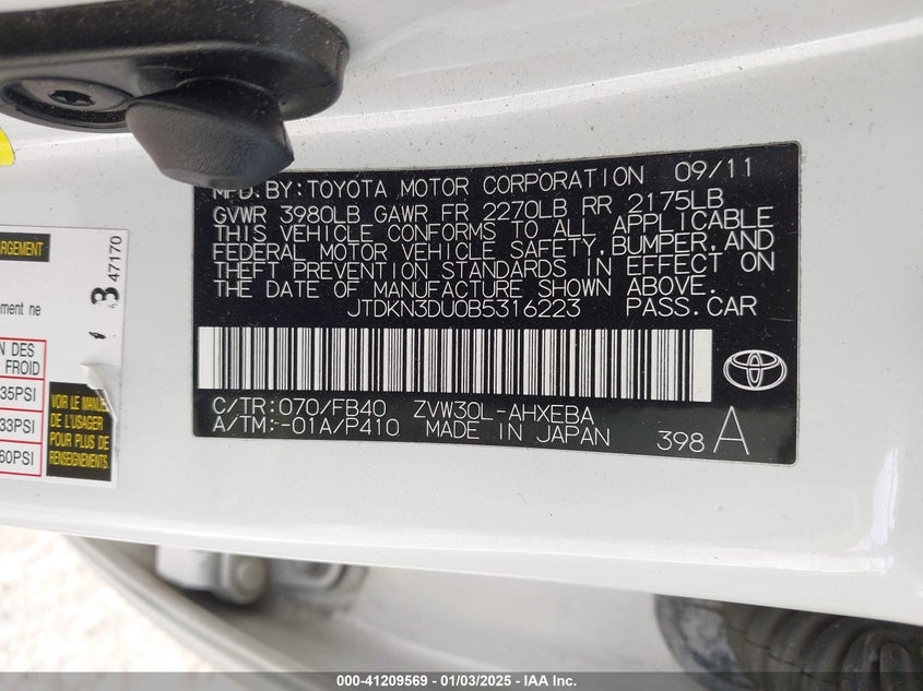 2011 TOYOTA PRIUS VIN: JTDKN3DU0B5316223