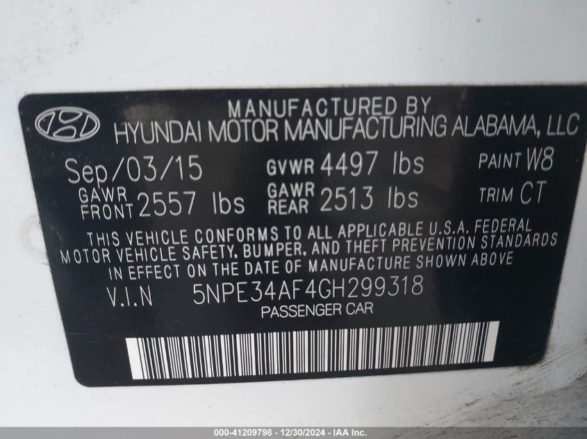 VIN 5NPE34AF4GH299318 2016 HYUNDAI SONATA no.9