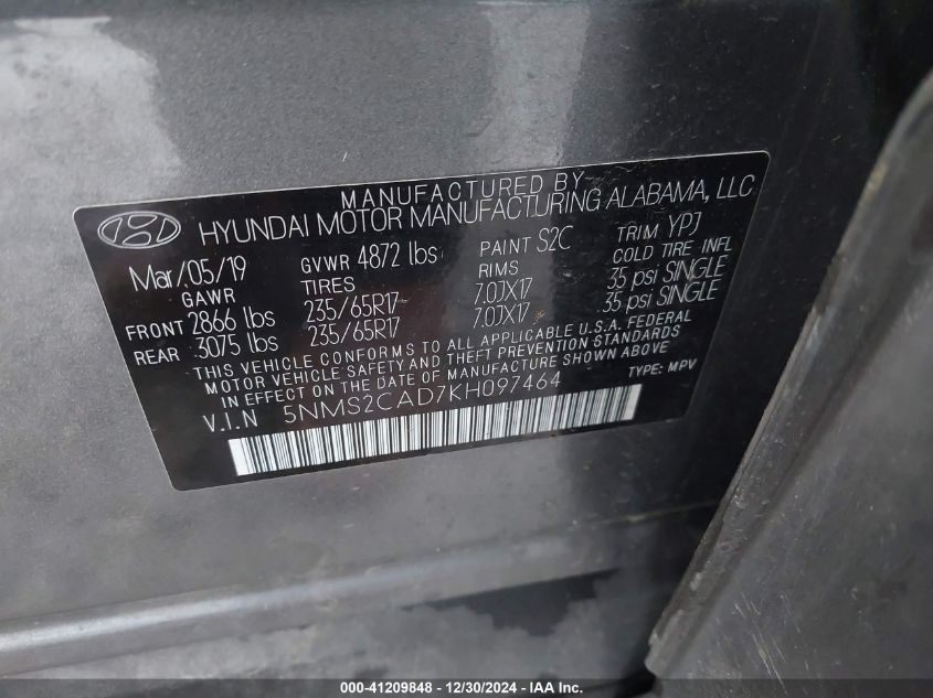 VIN 5NMS2CAD7KH097464 2019 Hyundai Santa Fe, SE no.9