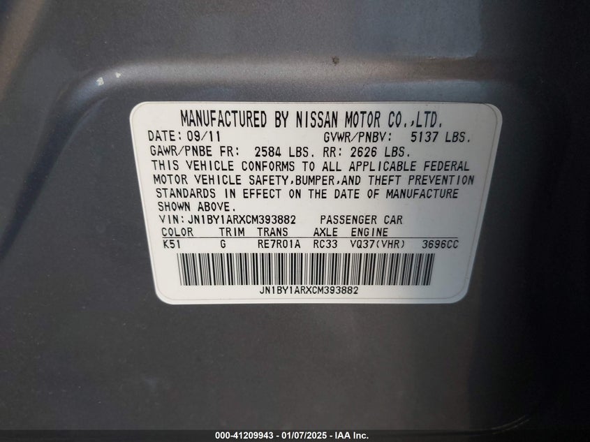 2012 INFINITI M37X VIN: JN1BY1ARXCM393882