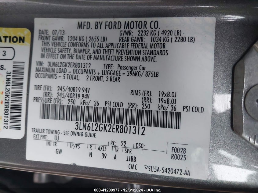 2014 LINCOLN MKZ VIN: 3LN6L2GK2ER801312