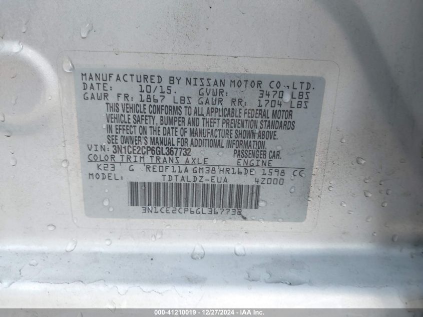 VIN 3N1CE2CP6GL367732 2016 Nissan Versa, Note S/S P... no.9