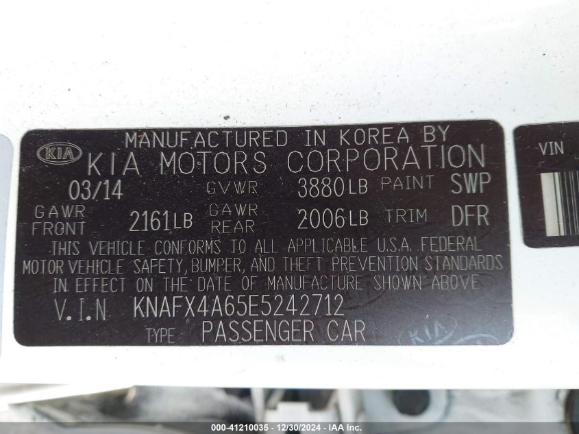 VIN KNAFX4A65E5242712 2014 KIA Forte, LX no.9