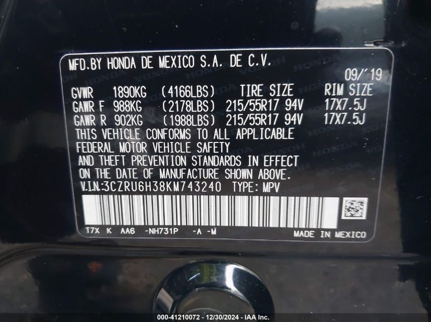 VIN 3CZRU6H38KM743240 2019 HONDA HR-V no.9