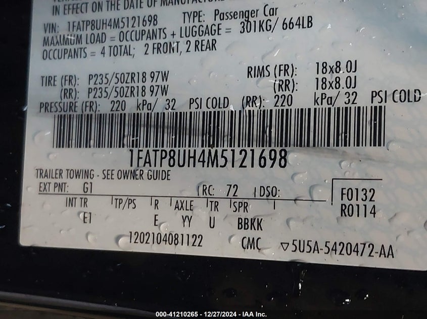 2021 FORD MUSTANG(VIN: 1FATP8UH4M5121698