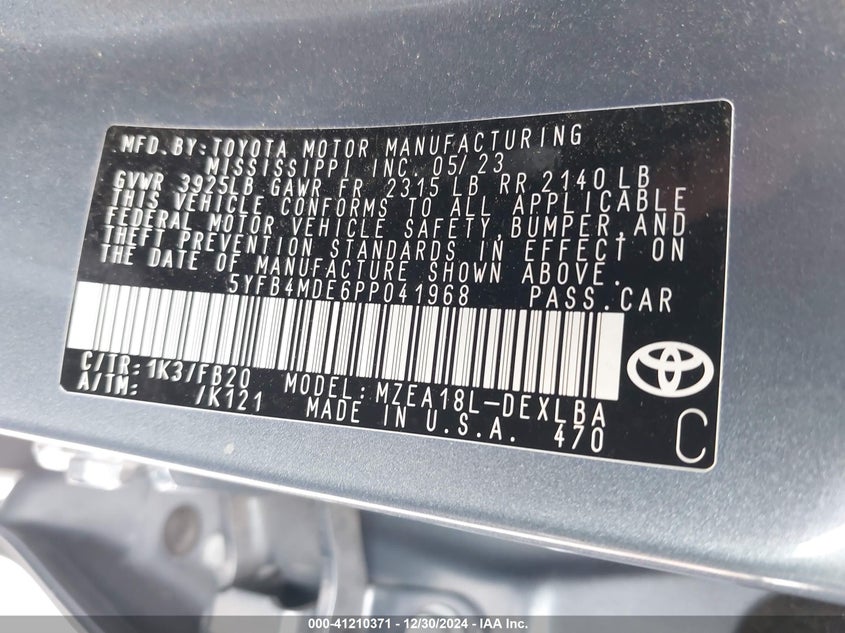 2023 TOYOTA COROLLA VIN: 5YFB4MDE6PP041968