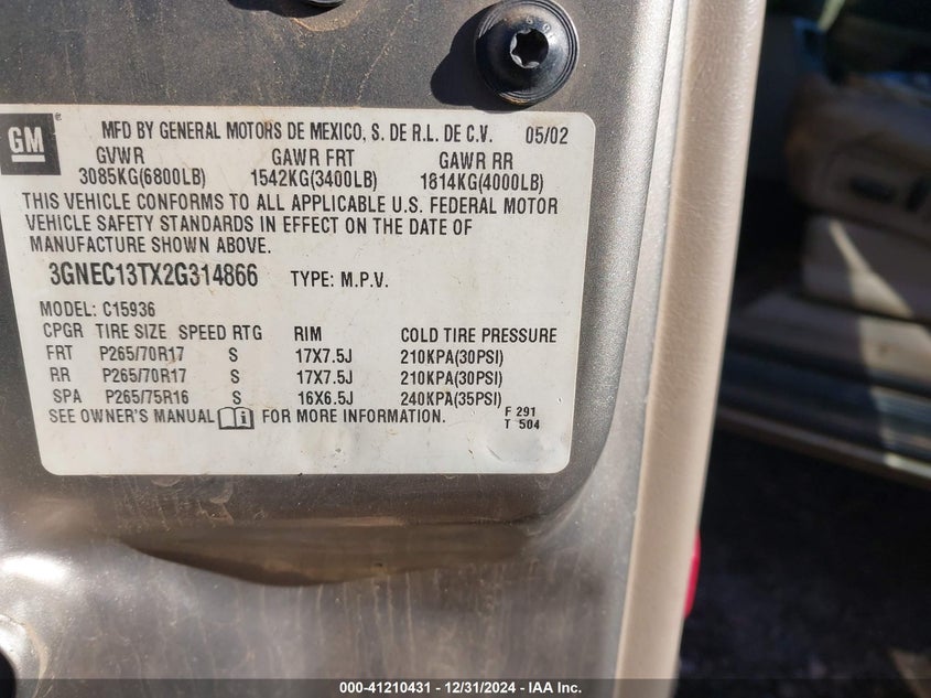 2002 Chevrolet Avalanche 1500 VIN: 3GNEC13TX2G314866 Lot: 41210431
