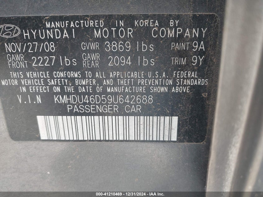 2009 HYUNDAI ELANTRA VIN: KMHDU46D59U642688