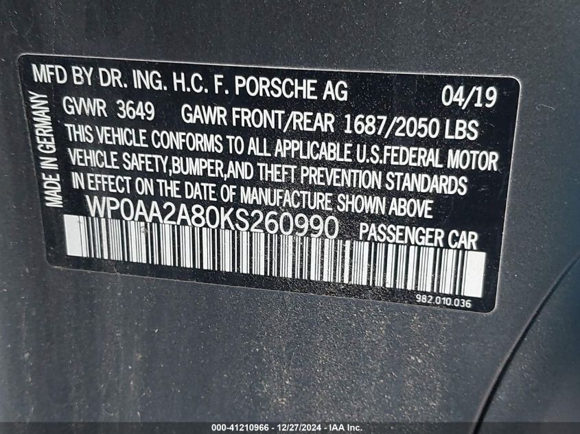 2019 Porsche 718 Cayman VIN: WP0AA2A80KS260990 Lot: 41210966