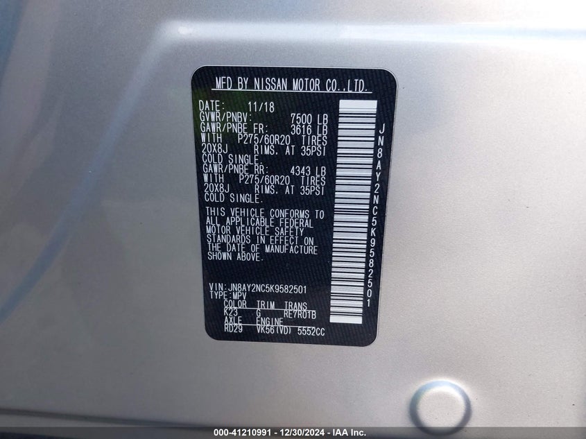 2019 NISSAN ARMADA SL - JN8AY2NC5K9582501