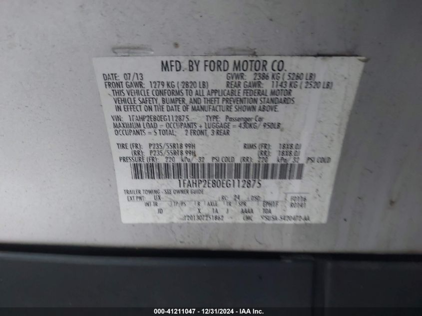 VIN 1FAHP2E80EG112875 2014 Ford Taurus, Sel no.9