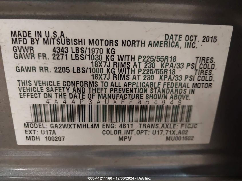 VIN 4A4AP3AUXFE054848 2015 Mitsubishi Outlander, Sp... no.9