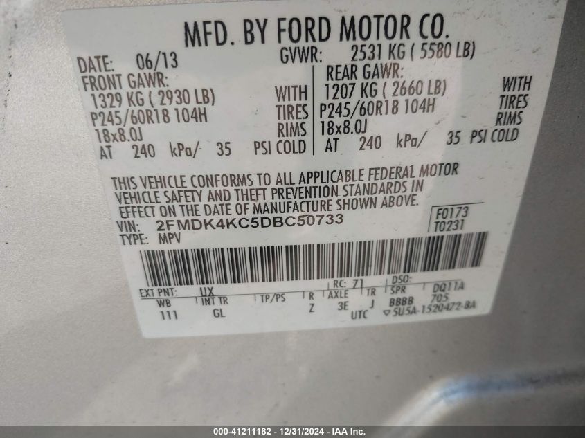 VIN 2FMDK4KC5DBC50733 2013 Ford Edge, Limited no.9