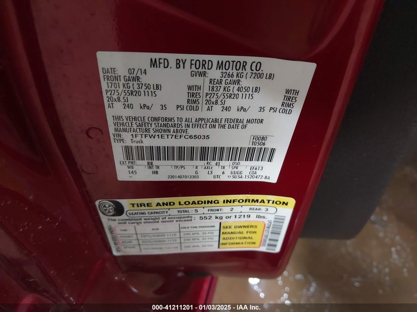 2014 FORD F150 VIN: 1FTFW1ET7EFC65035