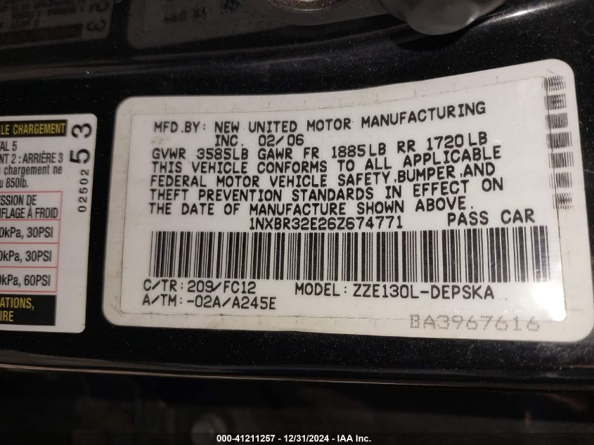 2006 Toyota Corolla S VIN: 1NXBR32E26Z674771 Lot: 41211257